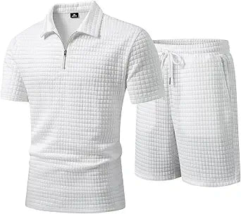 Men's 2 Piece Waffle Knit Outfit Half Zip Polo Shirt and Shorts Textured Summer Set
